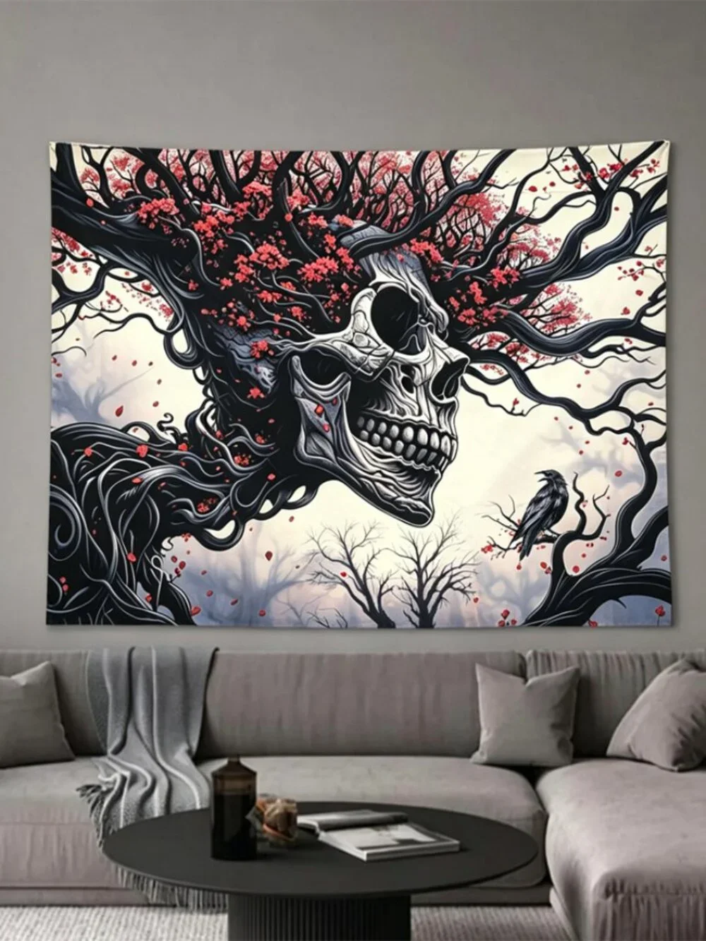 Gothic Skull Tree Raven Tapestry 51×60 Inch Red Floral Dark Forest Wall Decor